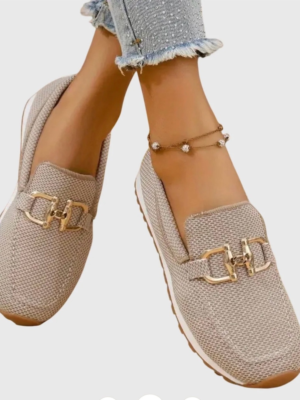 Women’s Taupe Mesh Slip-On Loafers with Gold Chain Accent